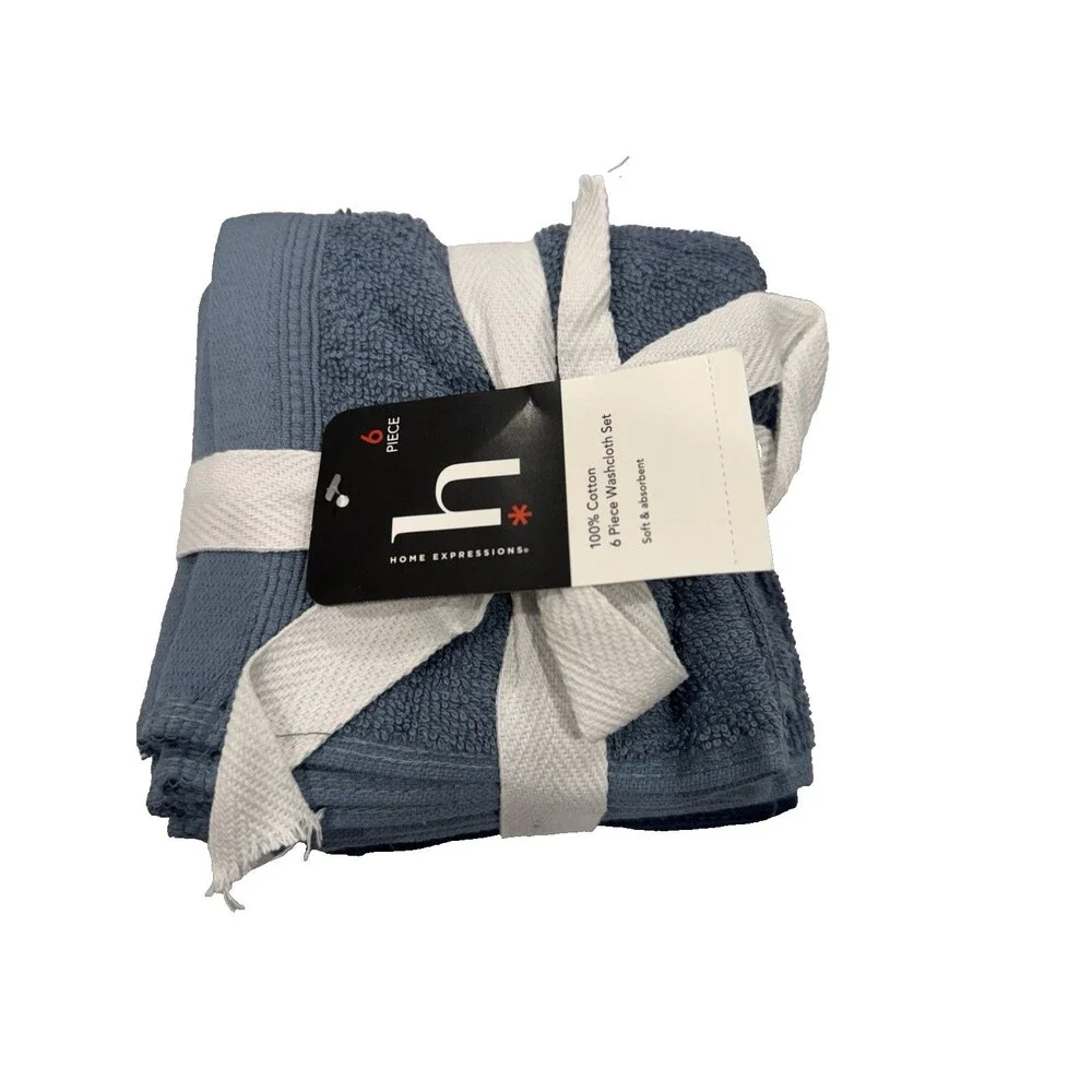 New Home Expressions Blue Navy Cotton Wash Cloths Set of 6